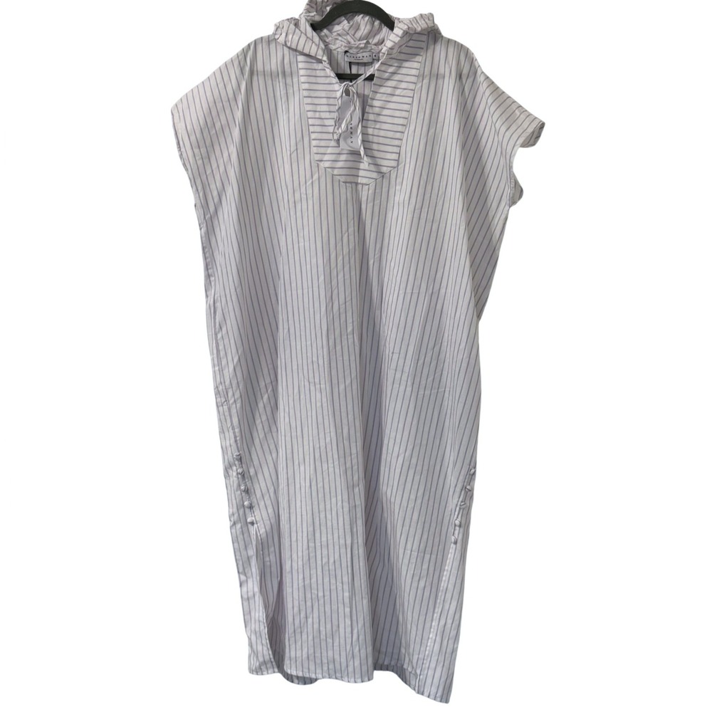 Harshman Mavis Hooded Caftan Dress Womens M White Lavender Striped Cotton Linen